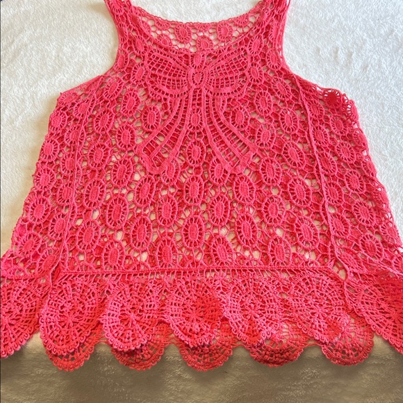 Open Knit Boho Bow Swim Cover Scalloped Hem Bright Coral Bohemian Festival - Picture 2 of 8